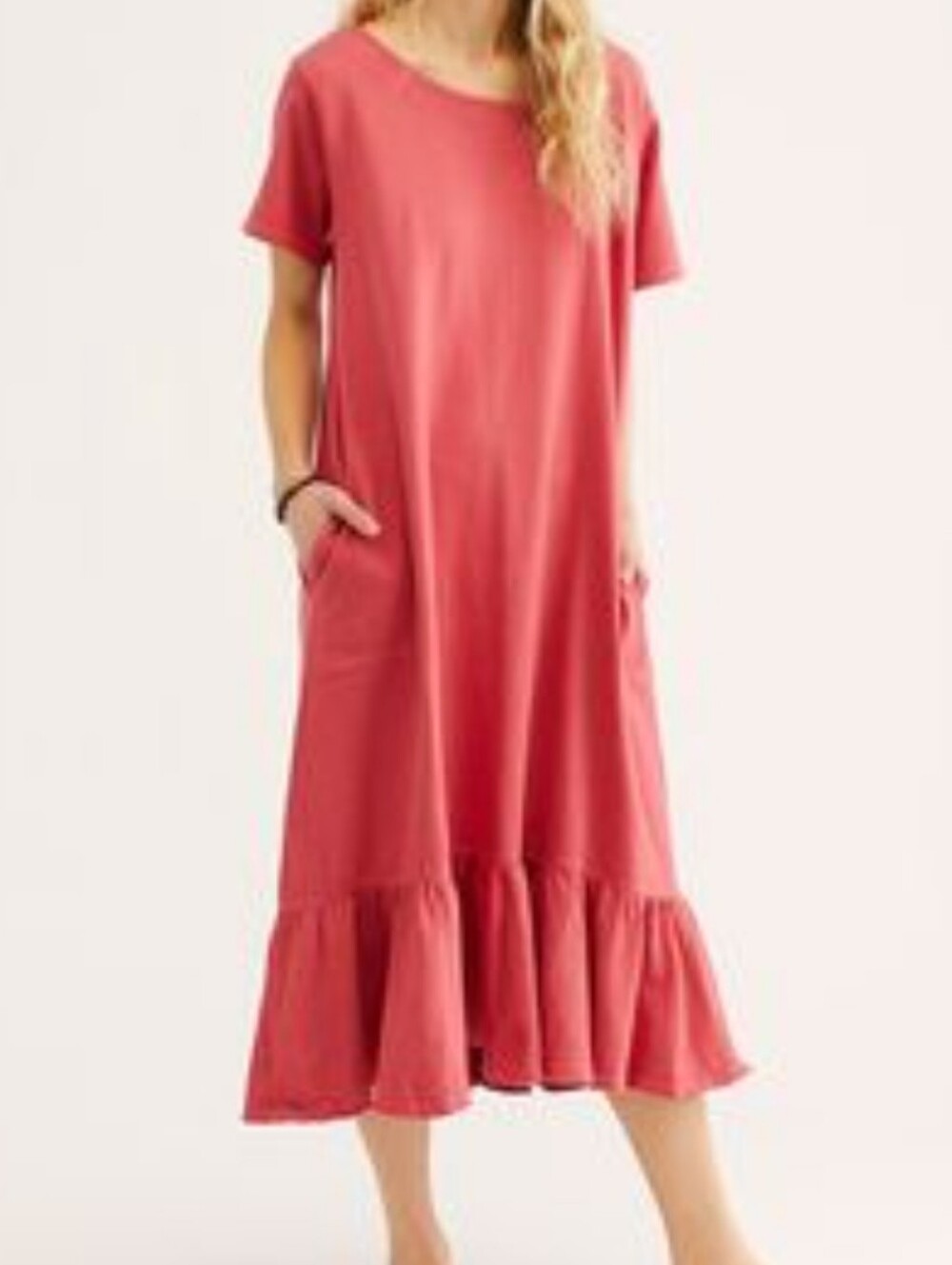 Free People FP Beach 100% Cotton Salmon Pink Ruffle Hem Midi Dress with Pockets